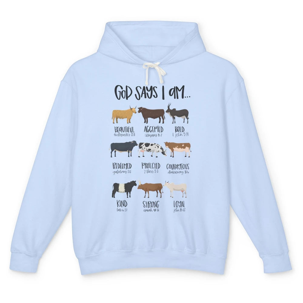 Retro Country Cows God Says I Am Bible Christian Western Unisex Lightweight Hoodie
