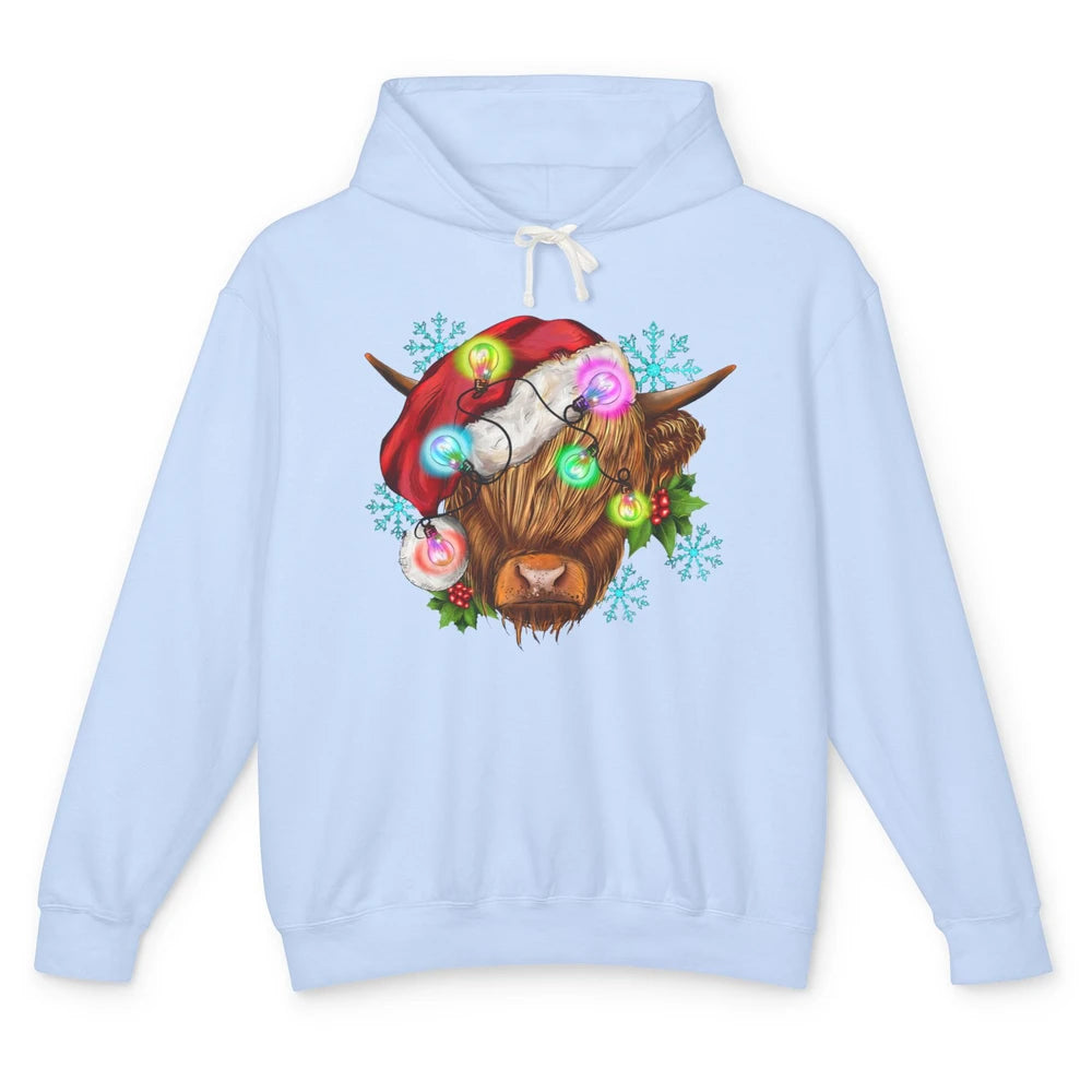 Christmas Highland Cow Xmas Light Western Christmas Cow Unisex Lightweight Hoodie