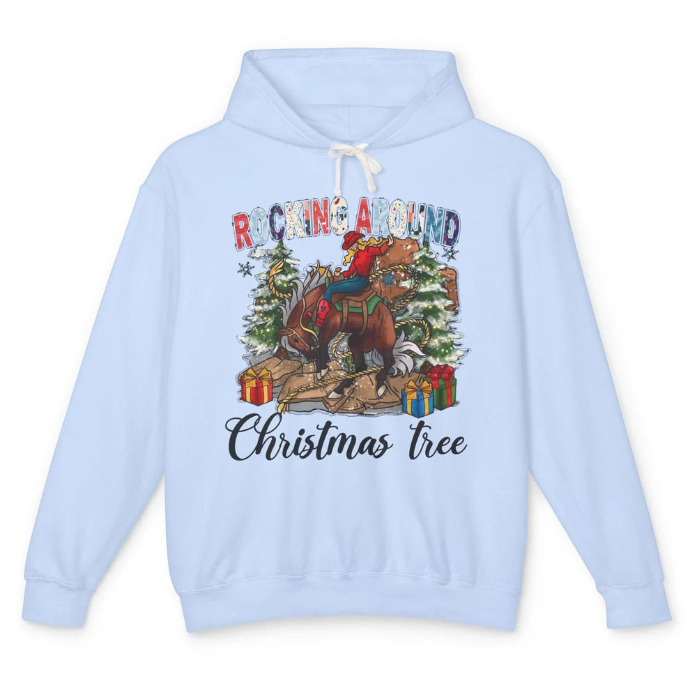 Funny Cowgirl Horsing Rocking Around Christmas Tree Western Unisex Lightweight Hoodie