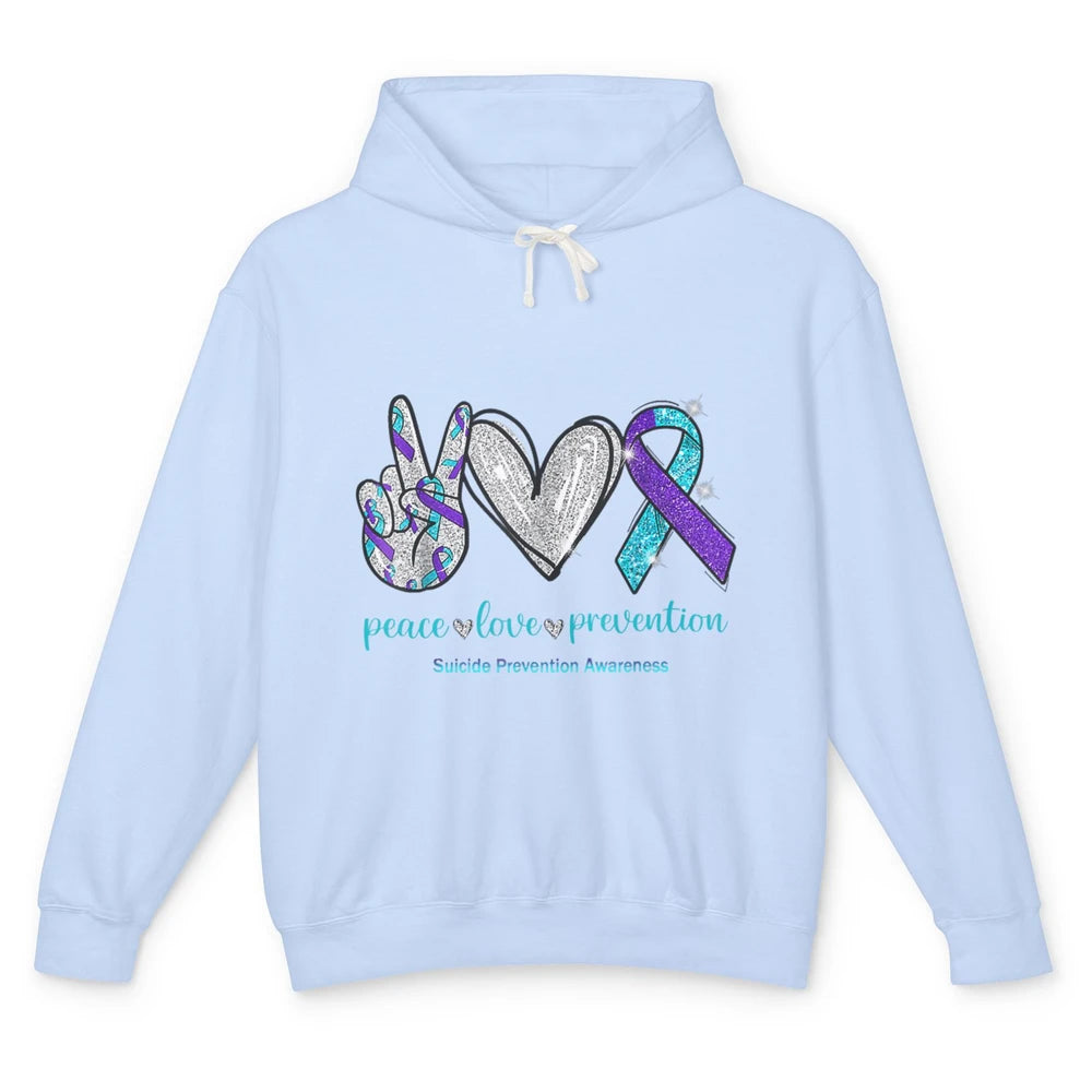 Peace Love Teal Purple Ribbon Suicide Prevention Awareness Unisex Lightweight Hoodie