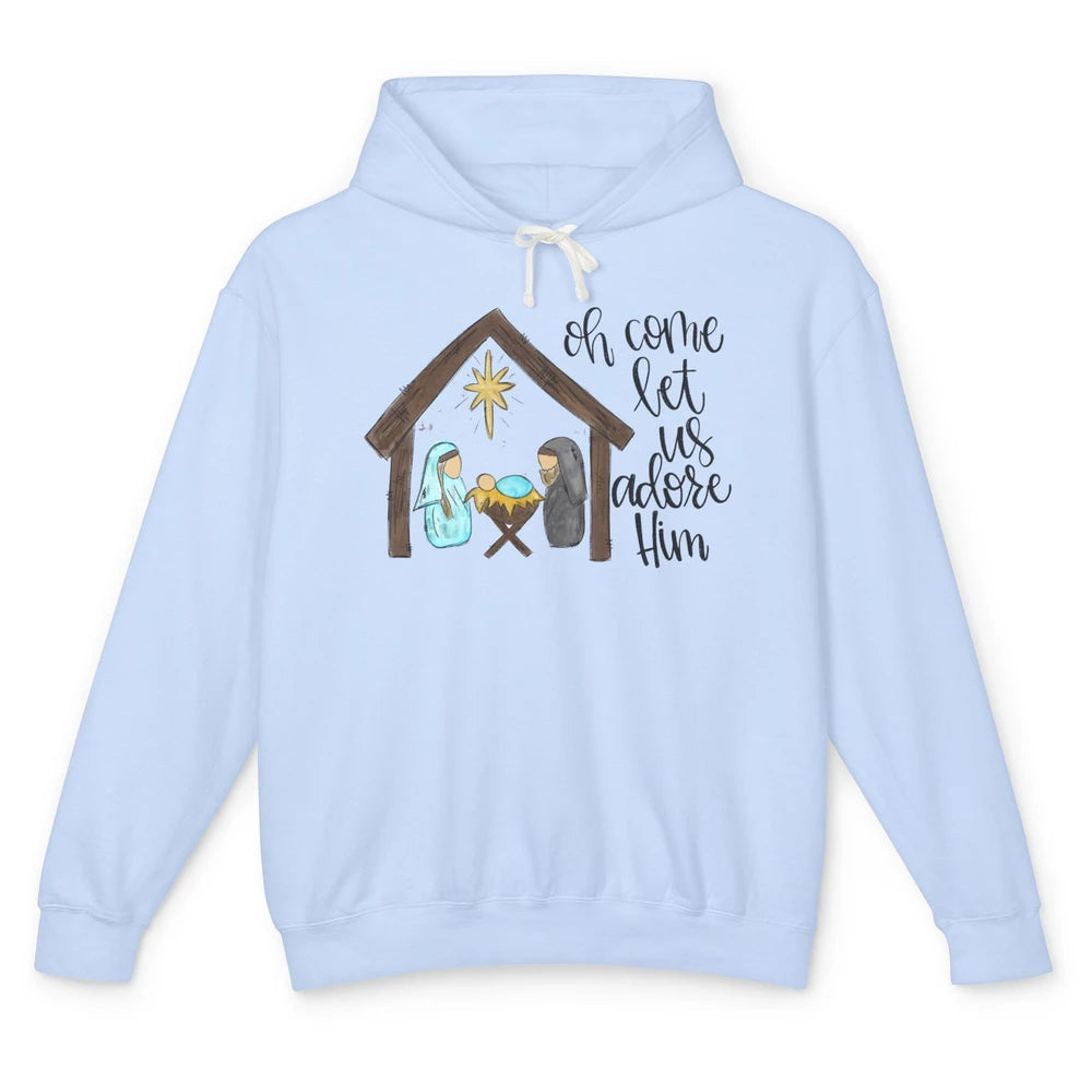Retro Christmas Church Oh Come Let Us Adore Him Hand Drawing Unisex Lightweight Hoodie