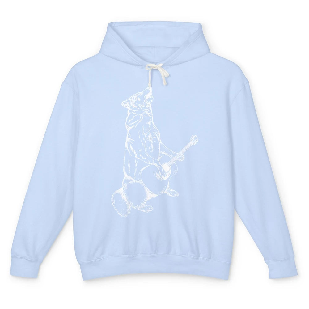 Retro Howling Wolf Playing Guitar Musician Guitarist Music Unisex Lightweight Hoodie