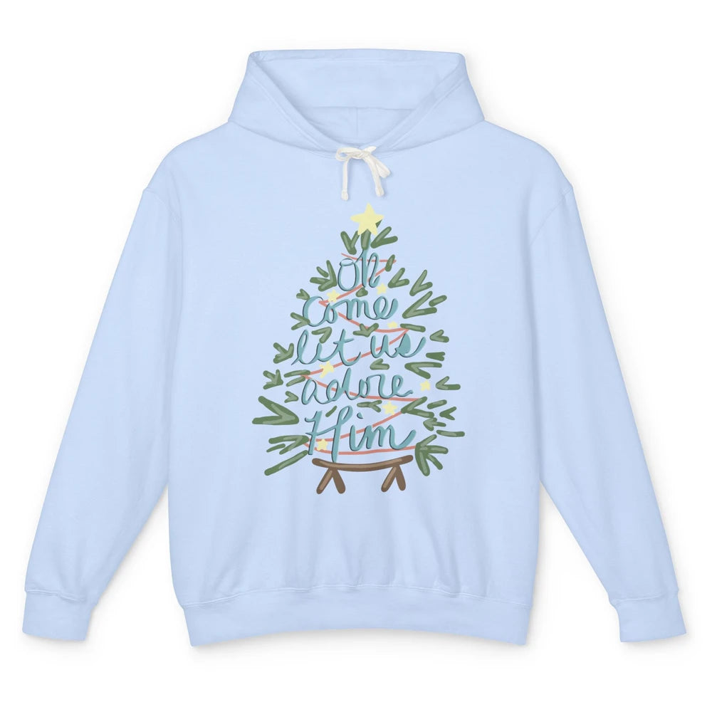 Retro Christmas Tree Oh Come Let Us Adore Him Groovy Xmas Unisex Lightweight Hoodie