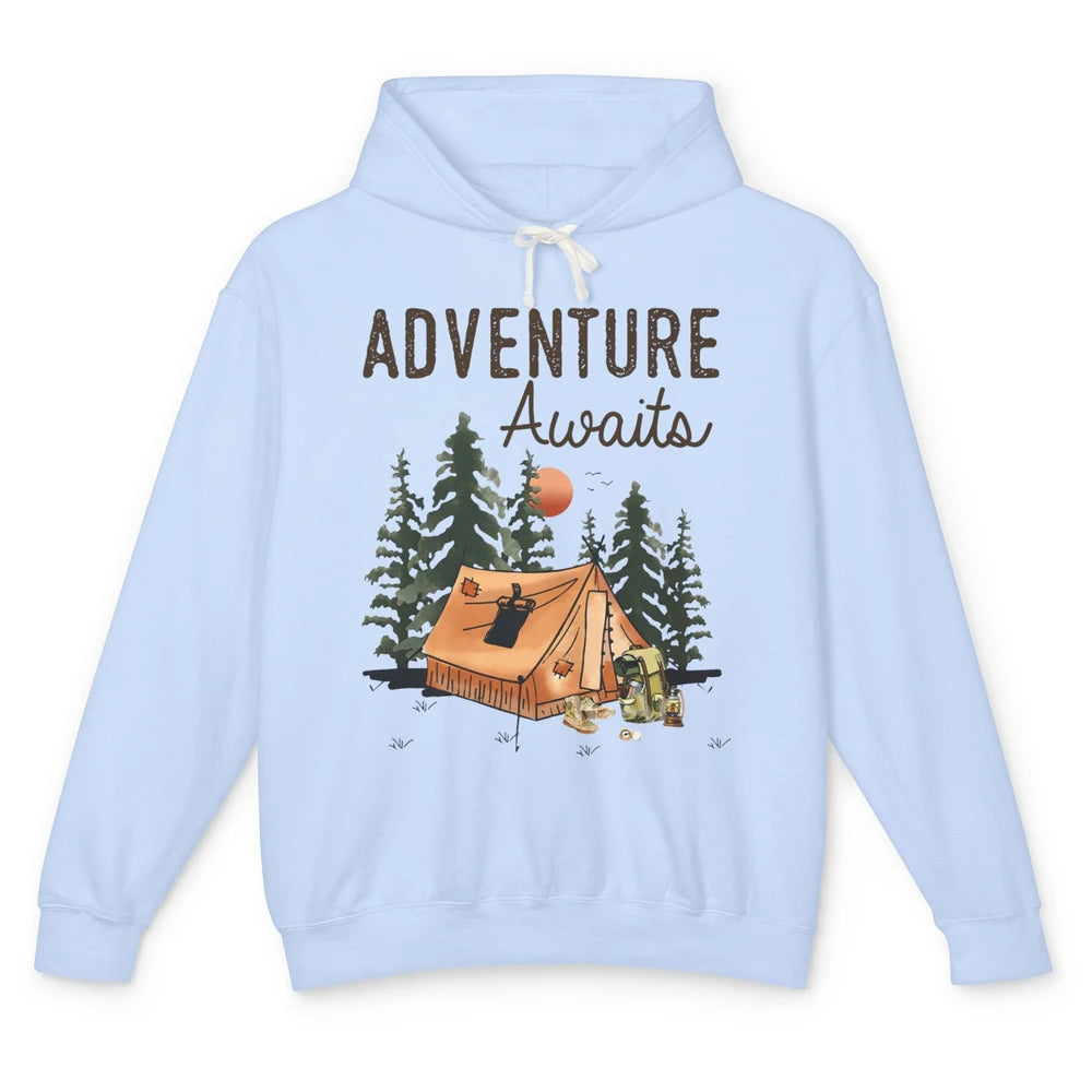 Retro Camping Tent Mountain Sunset Adventure Awaits Campers Unisex Lightweight Hoodie