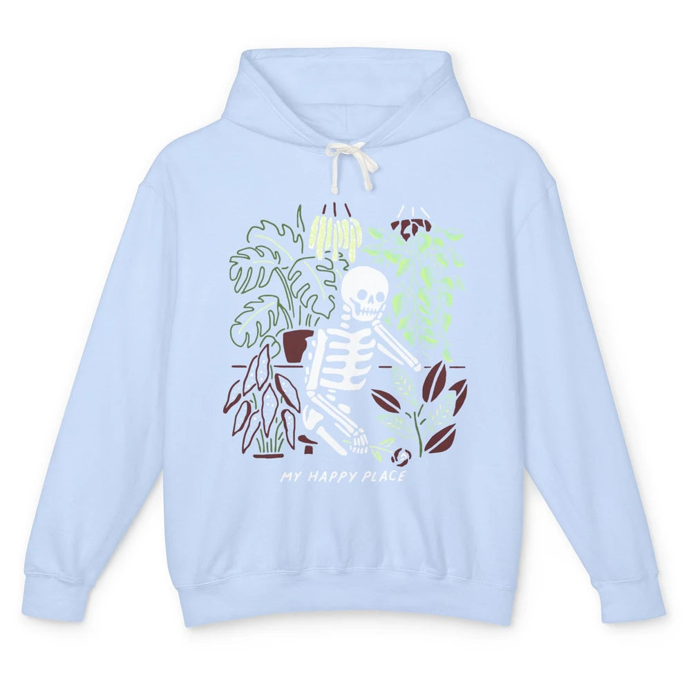 Retro Funny Skeleton Gardening My Happy Place Plant Lovers Unisex Lightweight Hoodie