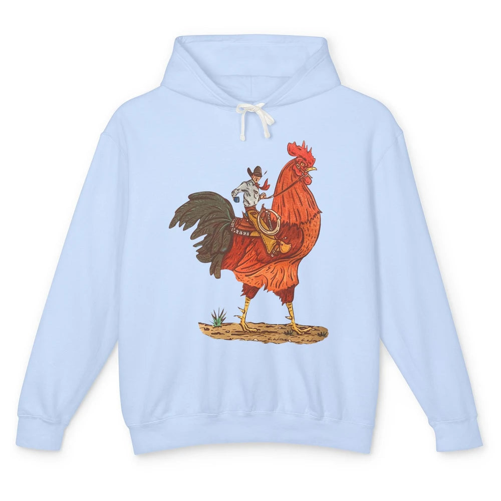 Retro Cowboy Riding Rooster Funny Western Country Cowboy Unisex Lightweight Hoodie