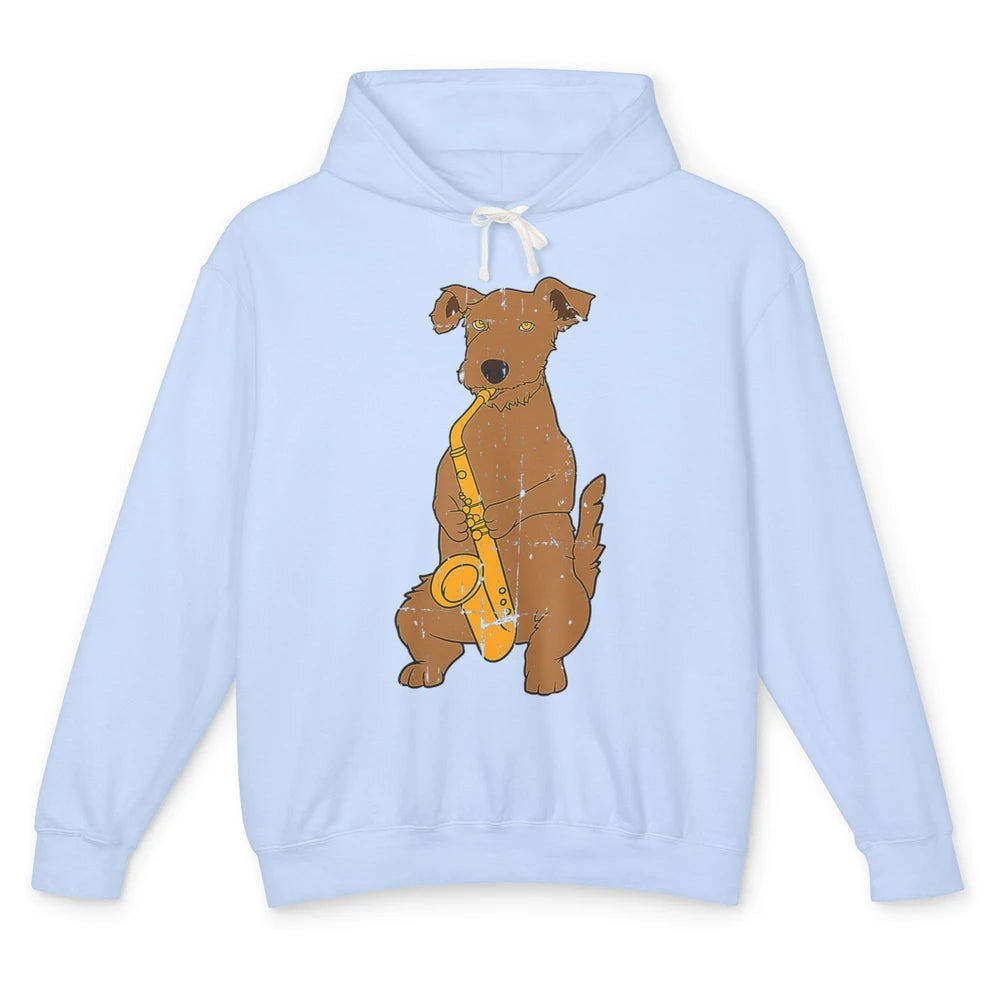 Funny Dog Vintage Jazz Puppy Musician Musical Note Saxophone Unisex Lightweight Hoodie
