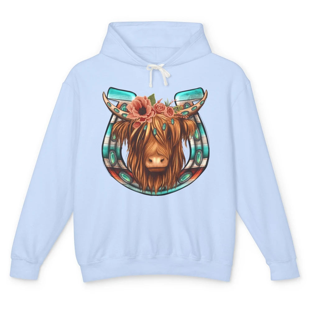 Floral Highland Cow Heifer Horseshoe Western Country Cowboy Unisex Lightweight Hoodie