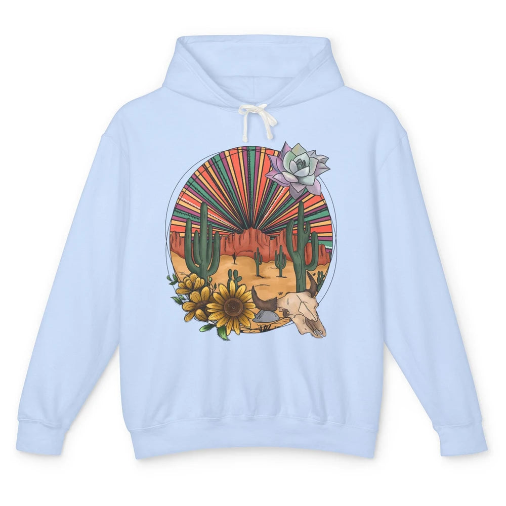 Retro Desert Western Cowboy Boho Skull Cactus Country Cowboy Unisex Lightweight Hoodie