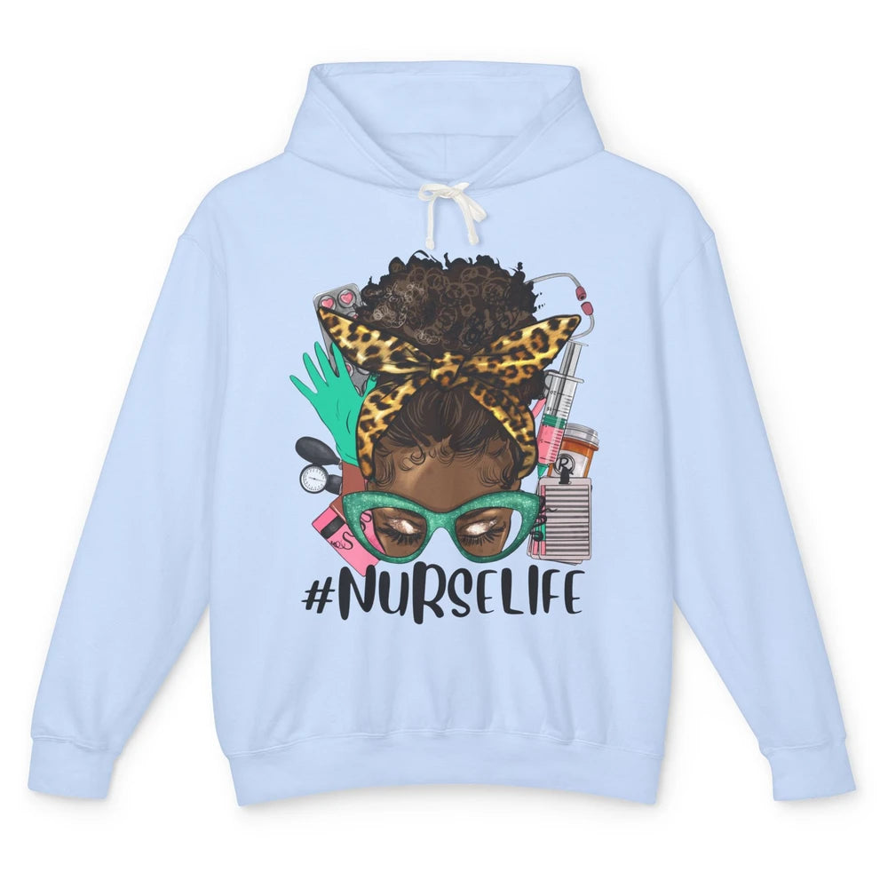 Afro Nurse Messy Bun Hair Black Melanin Nurse Life Leopard Unisex Lightweight Hoodie