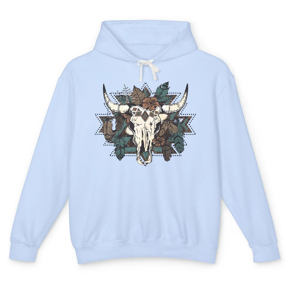 Retro Boho Bull Skull Aztec Desert Cactus Western Country Unisex Lightweight Hoodie