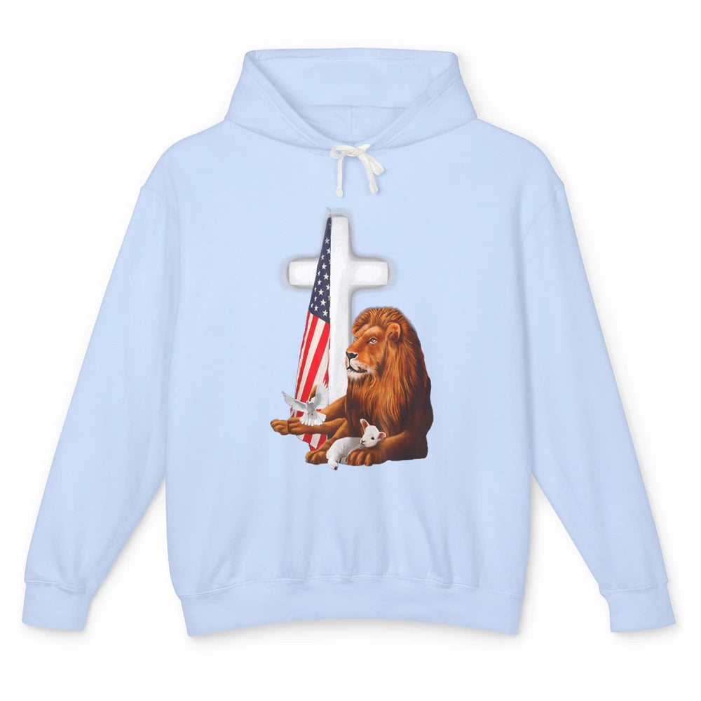 Patriotic Christian Lamb Bible Verse Lion Cross Religious Unisex Lightweight Hoodie