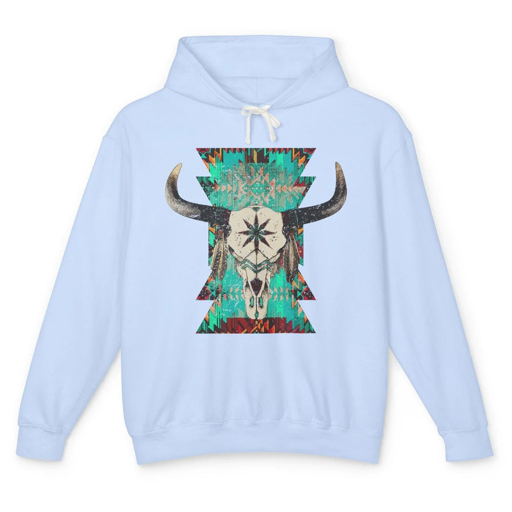 Boho Bull Skull Turquoise Aztec Western Country Rodeo Cowboy Unisex Lightweight Hoodie