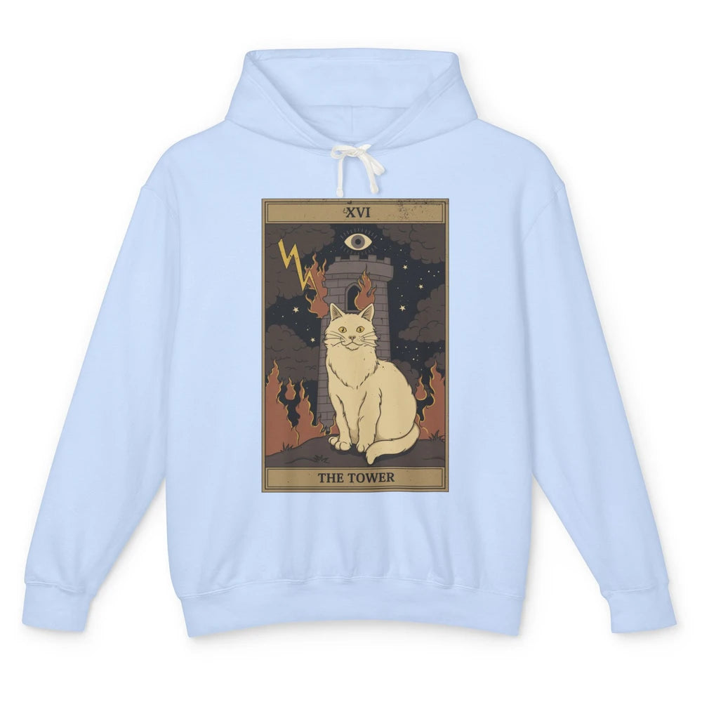 Retro Halloween Cat Witch The Tower Tarot Card Witchcraft Unisex Lightweight Hoodie