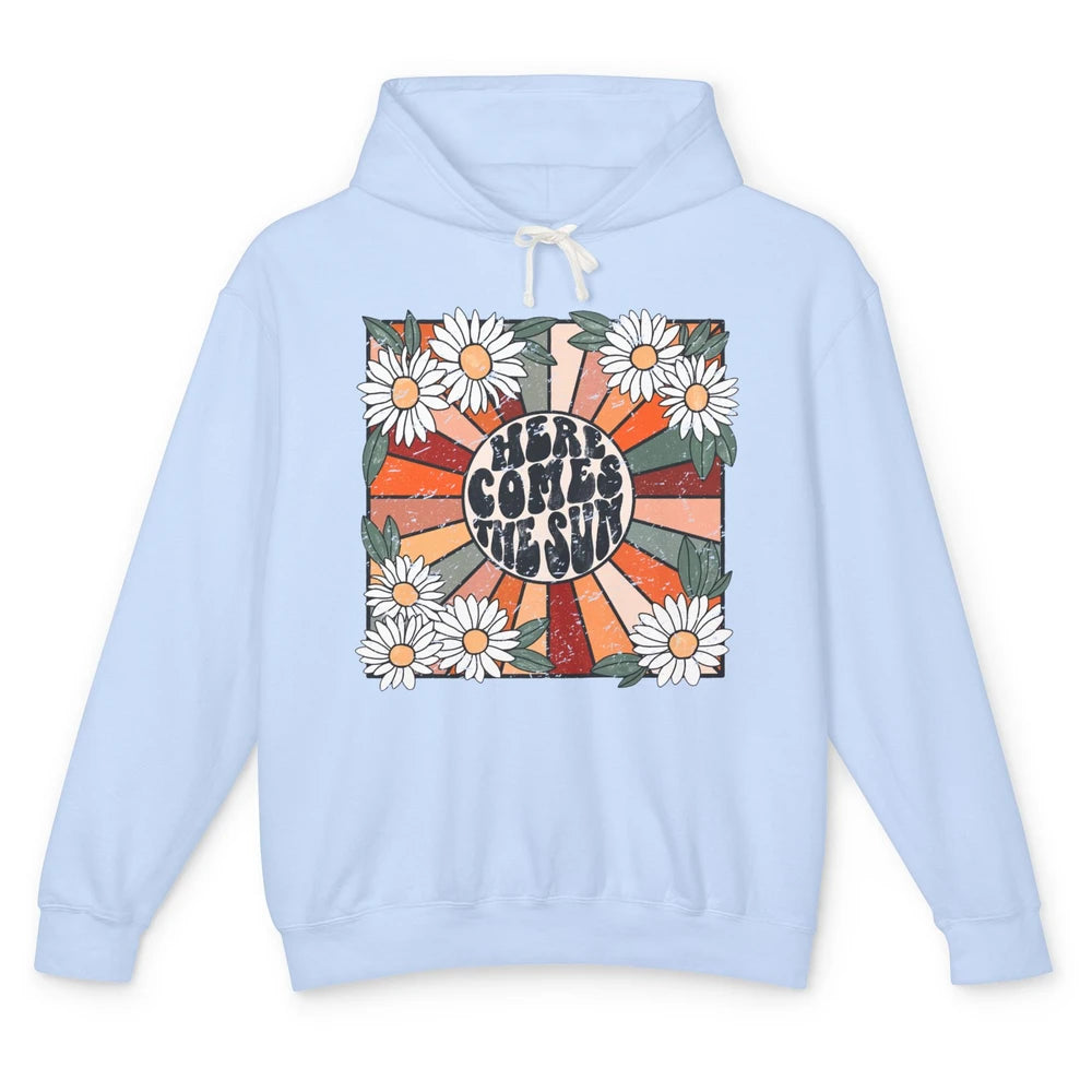 Retro Daisy Rainbow Sunrise Here Comes The Sun Hippie Girl Unisex Lightweight Hoodie