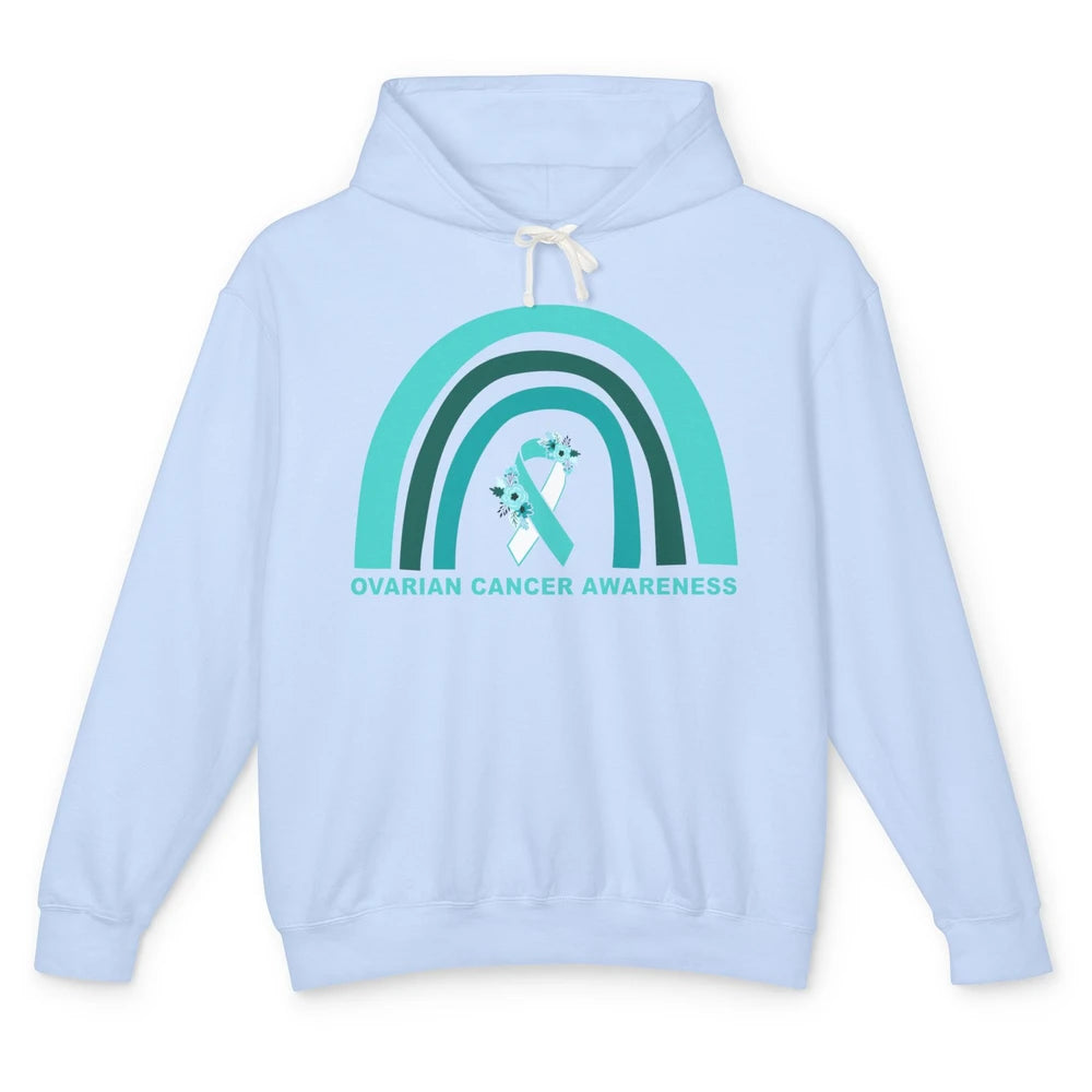 Ovarian Cancer Awareness Support Floral Turquoise Rainbow Unisex Lightweight Hoodie