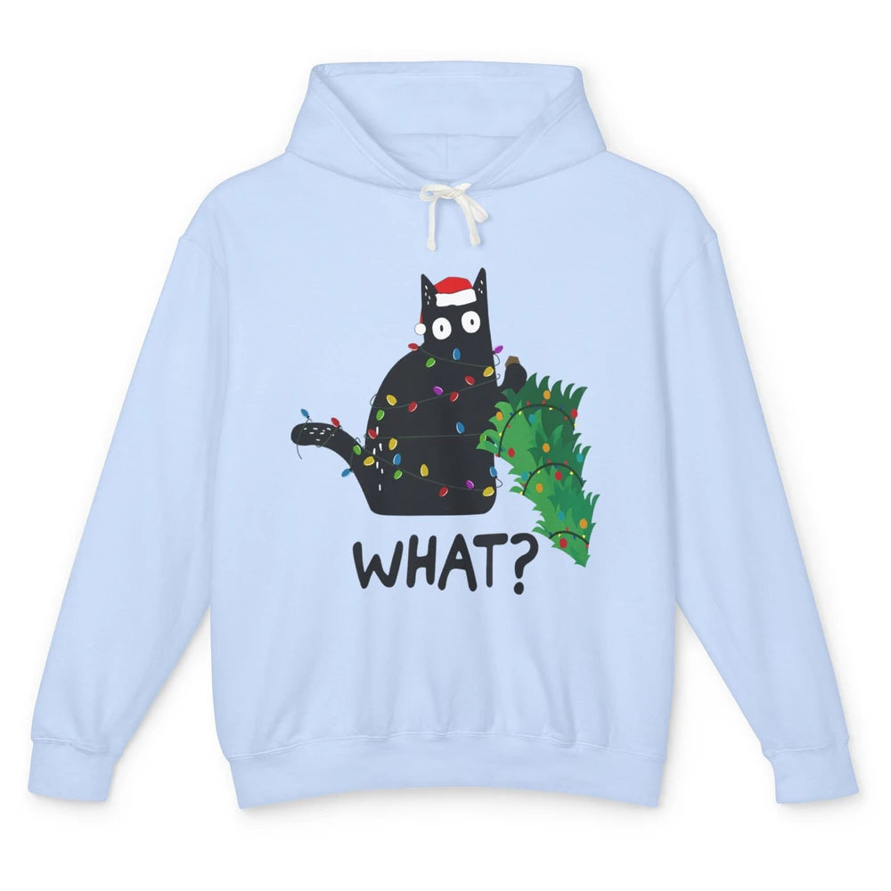 Black Cat Pushing Christmas Tree What Xmas Lights Santa Hat Unisex Lightweight Hoodie