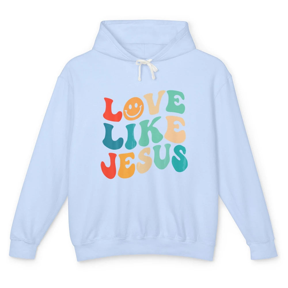 Retro Groovy Love Like Jesus Smiling Face Christ Faith God Unisex Lightweight Hoodie