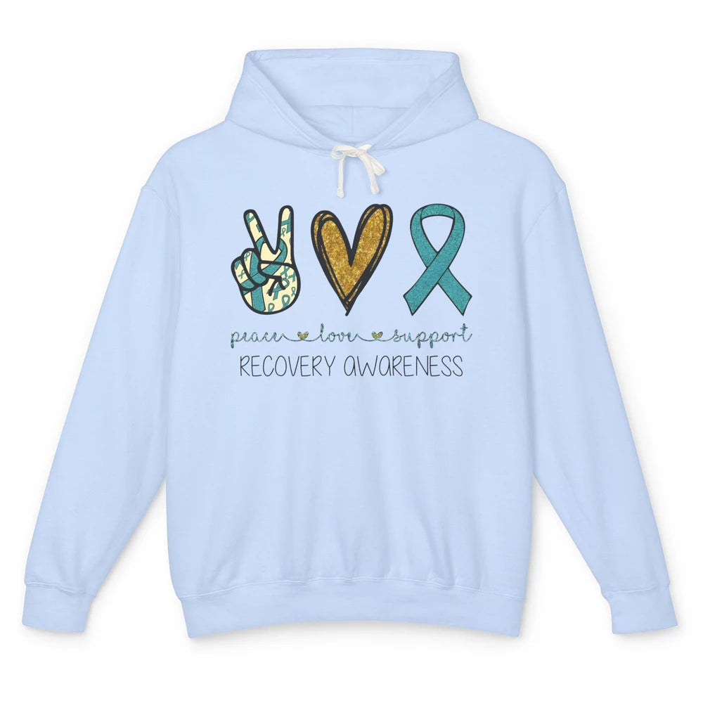 Peace Love Support Addiction Recovery Awareness Blue Ribbon Unisex Lightweight Hoodie