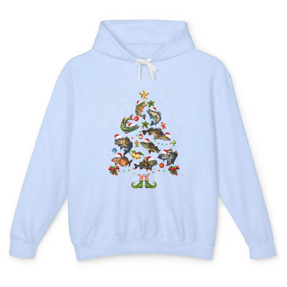 Merry Christmas Fishmas Fishing Tree Fisherman Xmas Lights Unisex Lightweight Hoodie
