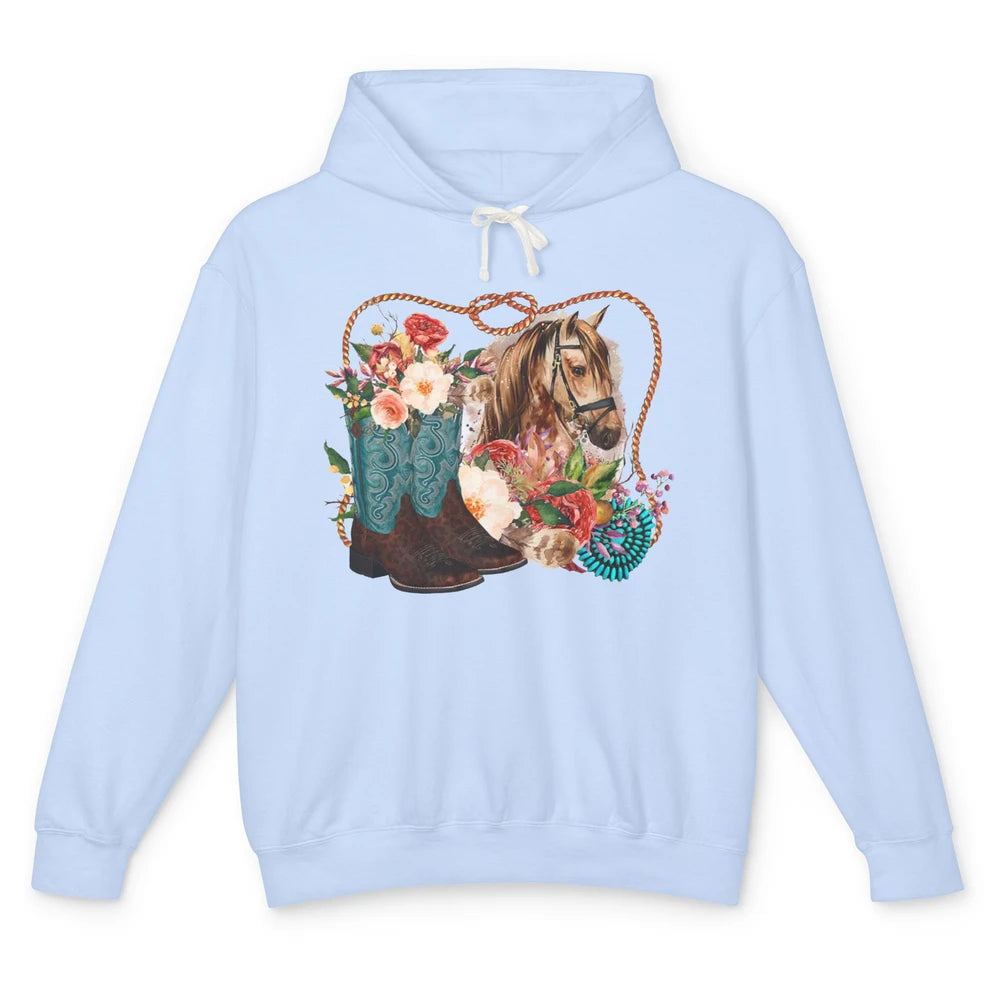 Retro Floral Cowboy Boots And Horse Western Country Cowgirl Unisex Lightweight Hoodie