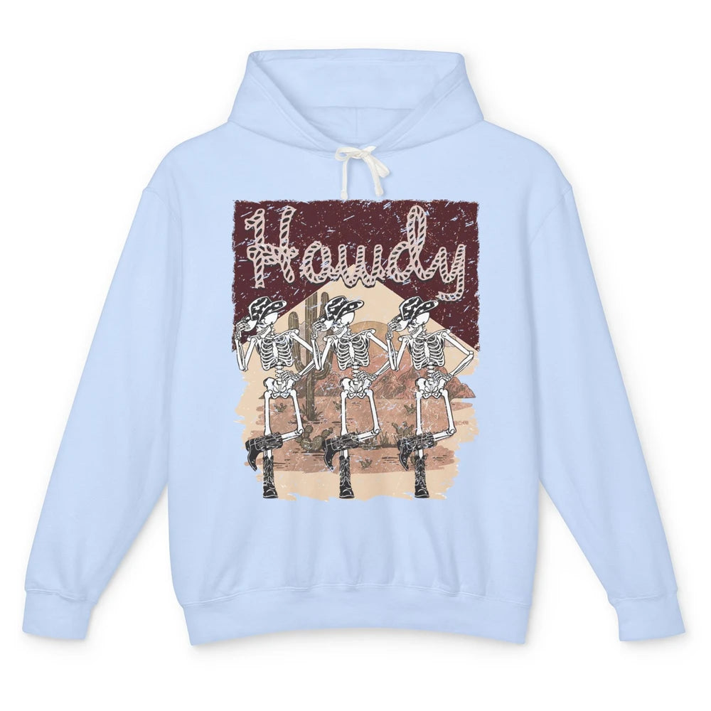 Retro Desert Cowboy Skeleton Dancing Howdy Western Halloween Unisex Lightweight Hoodie