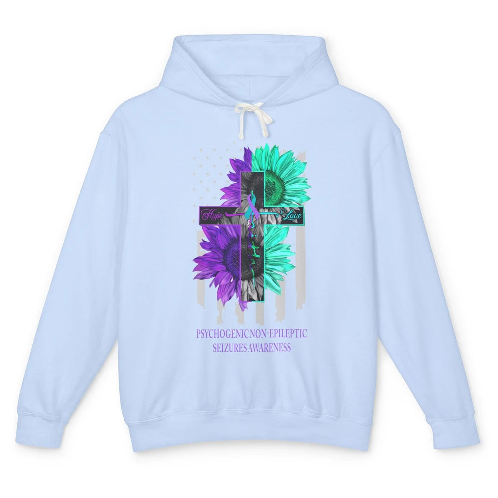 PNES Awareness Faith Hope Love Jesus Cross US Flag Ribbon Unisex Lightweight Hoodie