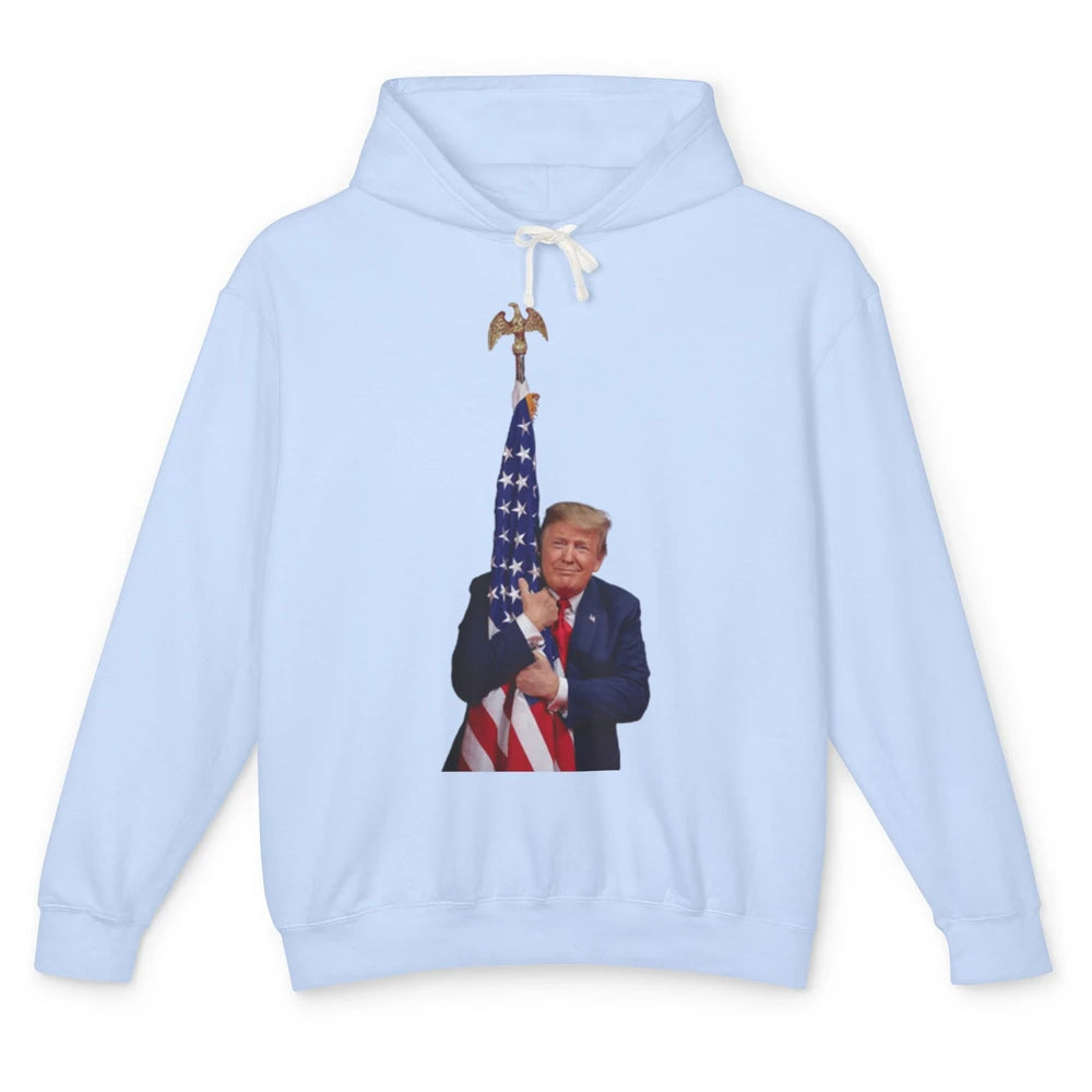 Donald Trump Hugging American Flag Vote Election Republic Unisex Lightweight Hoodie