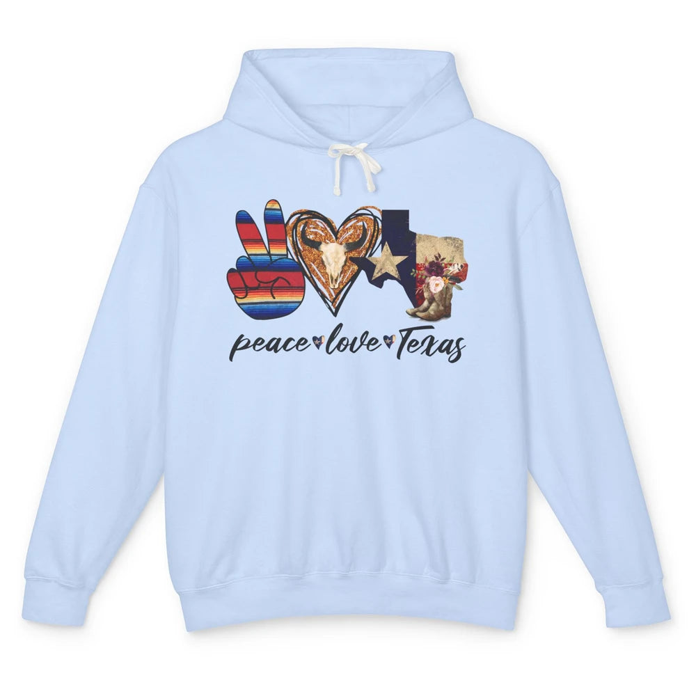 Retro Peace Love Texas Cowboy Boots Western Country Cowgirl Unisex Lightweight Hoodie