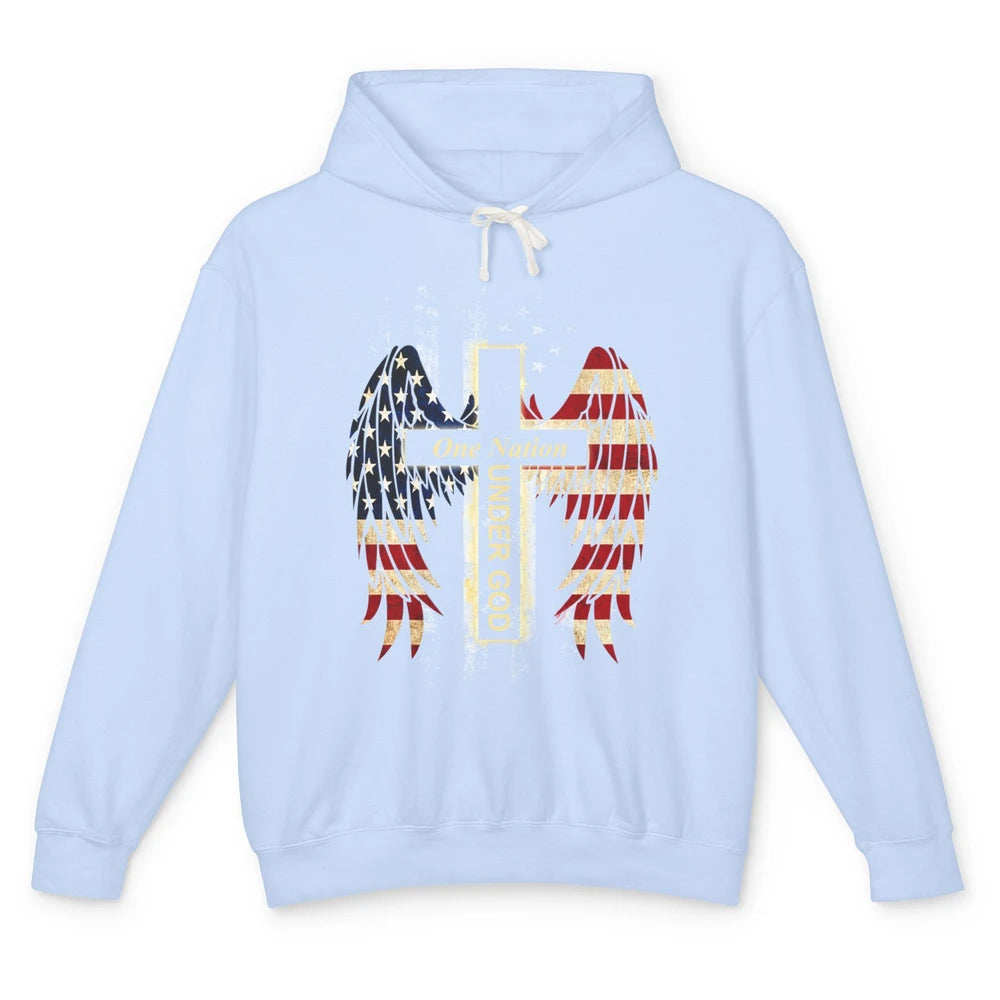 Patriotic One Nation Under God American Flag Faith Cross Unisex Lightweight Hoodie