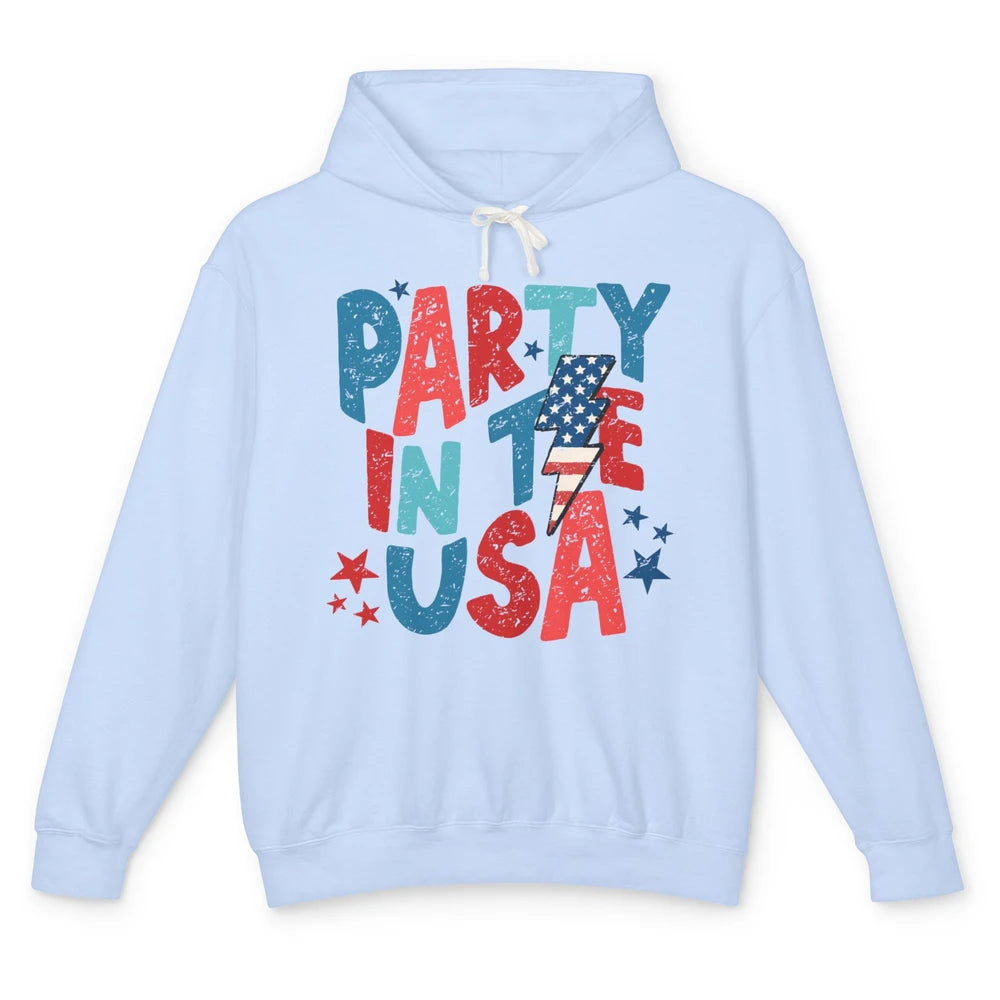 Party In The USA US Flag Lightning Bolt July 4th US Patriot Unisex Lightweight Hoodie