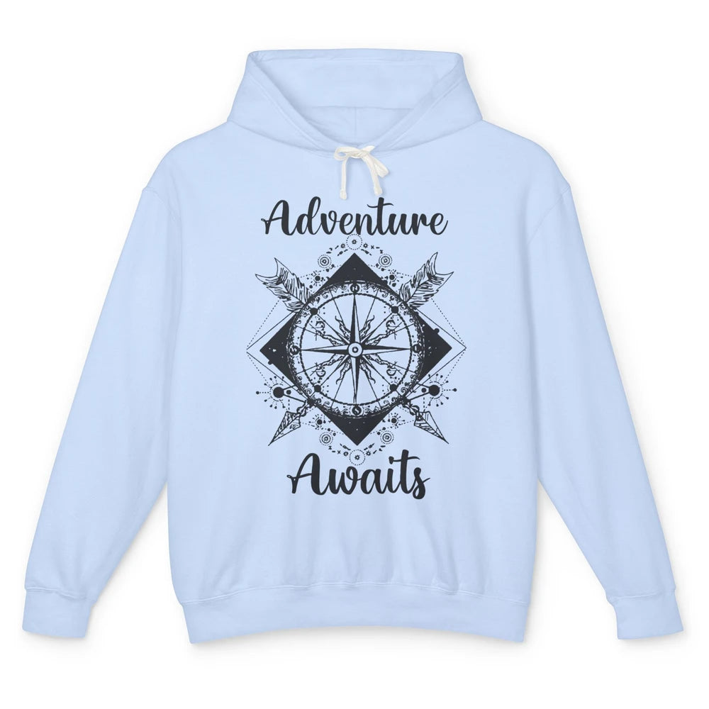 Retro Compass Mountain Adventure Awaits Camping Hiking Lover Unisex Lightweight Hoodie
