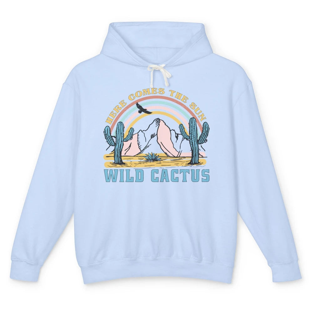Retro Rainbow Here Come The Sun Wild cactus Desert Western Unisex Lightweight Hoodie