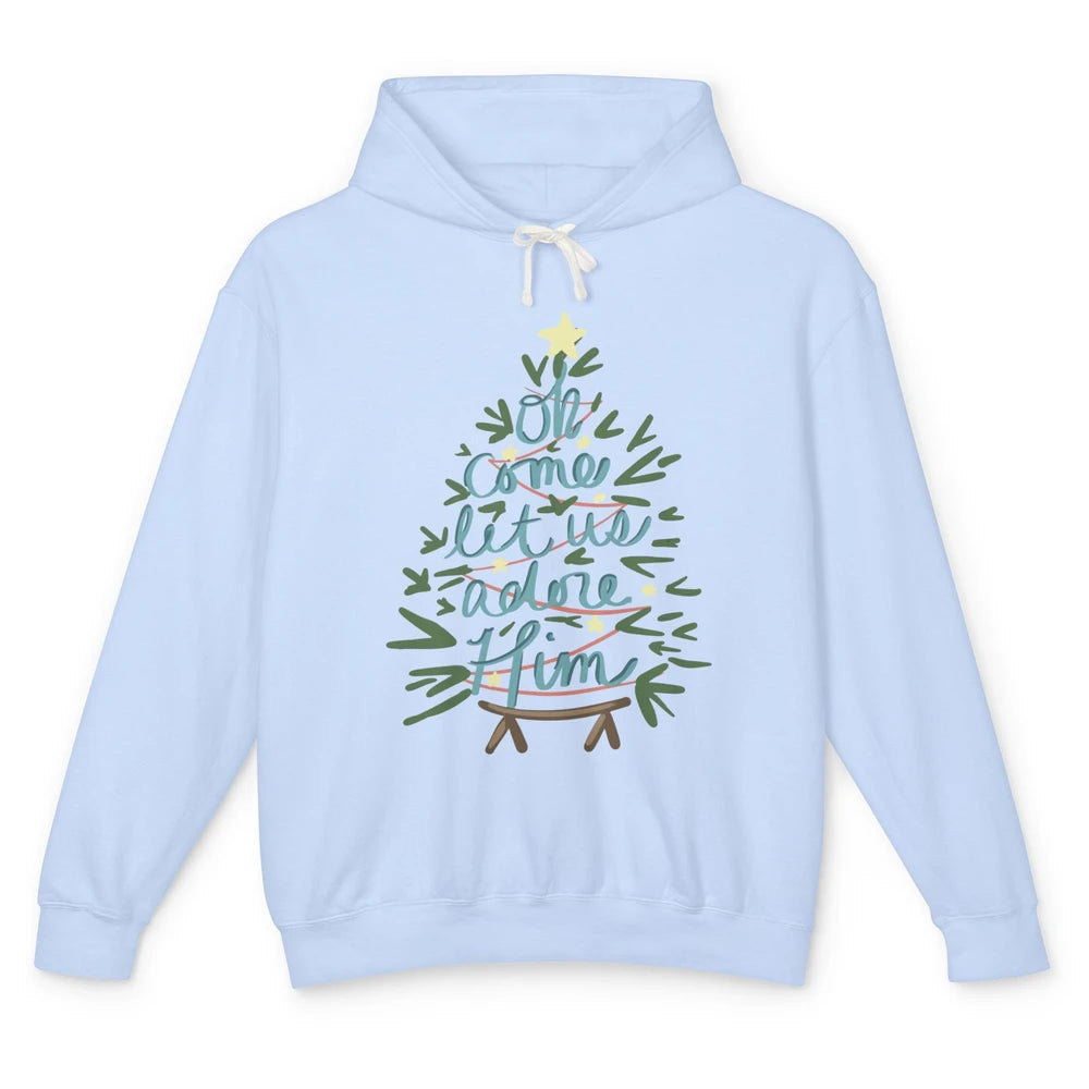 Oh Come Let Us Adore Him Groovy Christmas Tree Church Xmas Unisex Lightweight Hoodie
