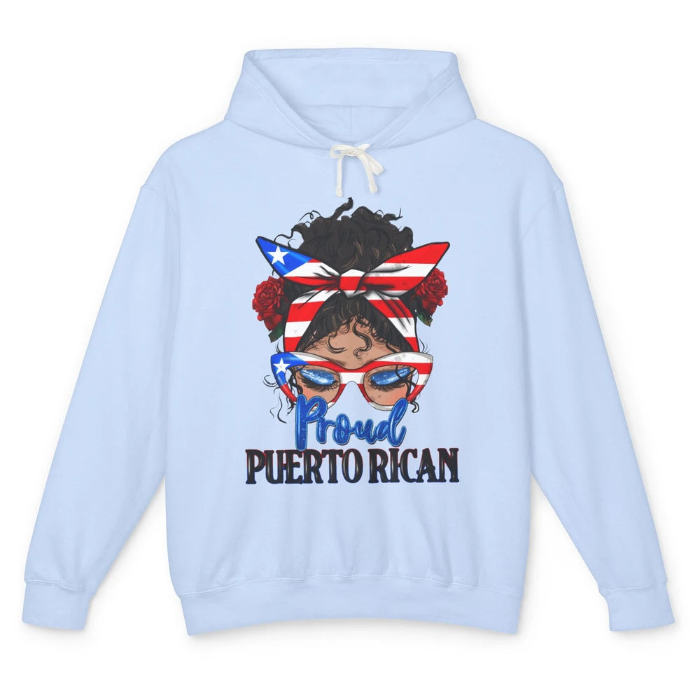Proud Puerto Rican Girl Messy Bun Hair Puerto Rico Flag Unisex Lightweight Hoodie