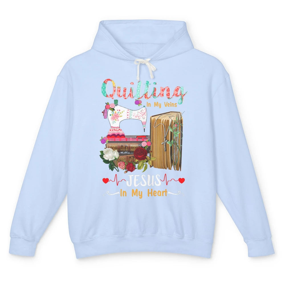 Quilting In My Veins Jesus In Heart Christian Retro Quilt Unisex Lightweight Hoodie