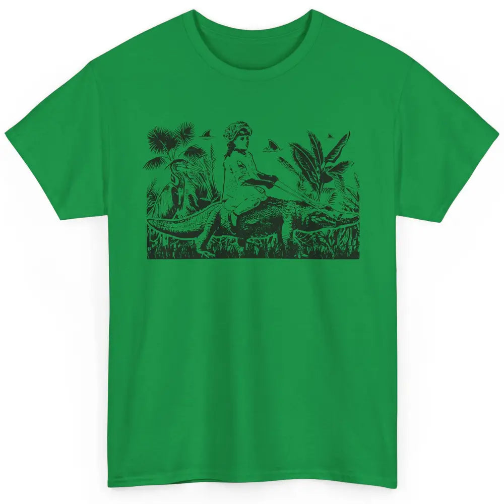 Retro Florida Tropical Land Girl Riding Alligator Summer Classic Unisex T-Shirt
