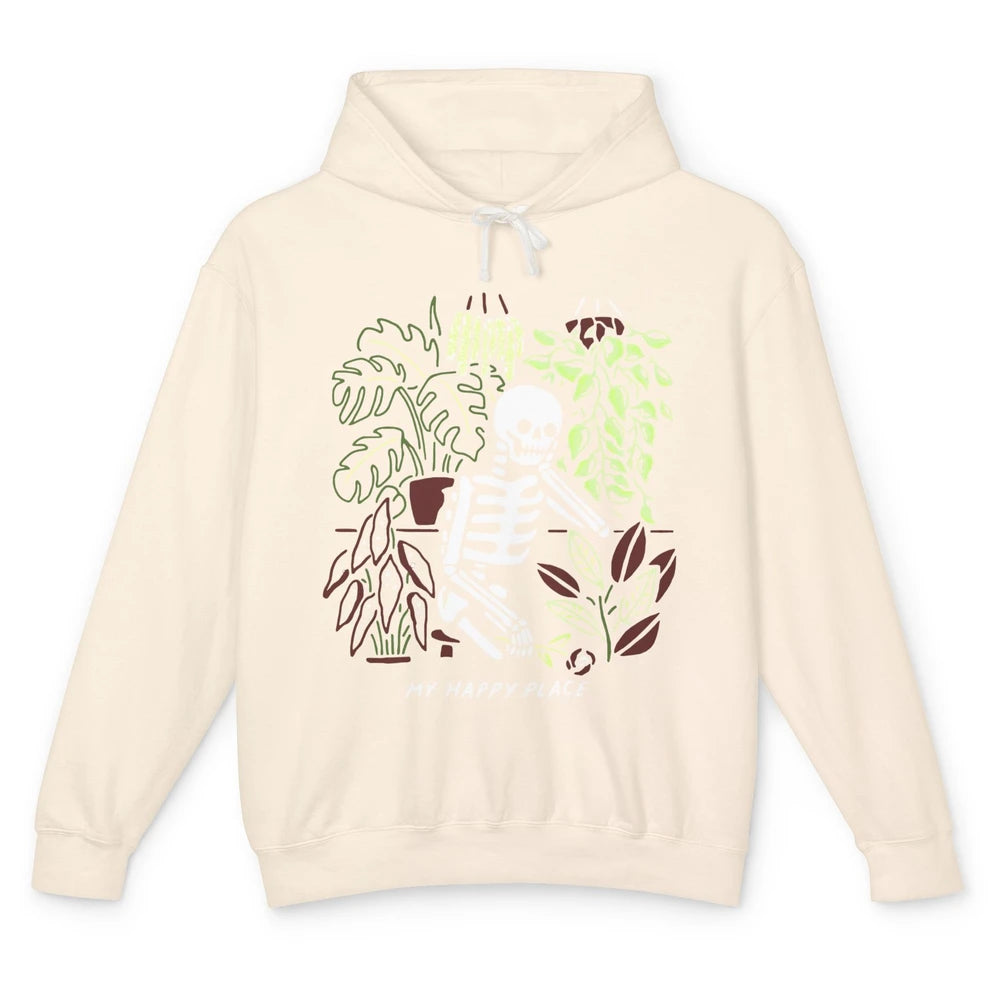 Retro Funny Skeleton Gardening My Happy Place Plant Lovers Unisex Lightweight Hoodie