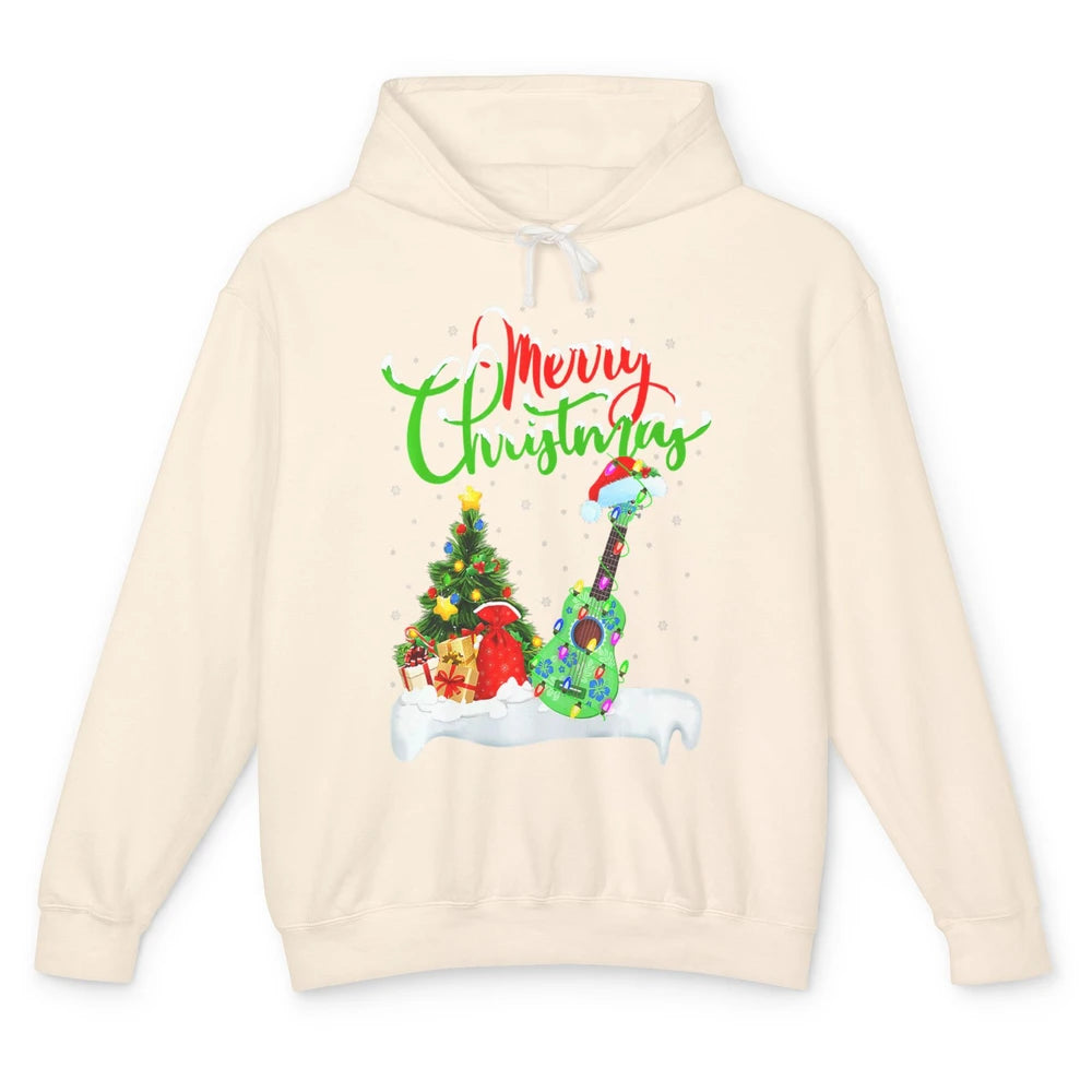 Merry Christmas Funny Ukulele Xmas Lights Santa Hat Music Unisex Lightweight Hoodie