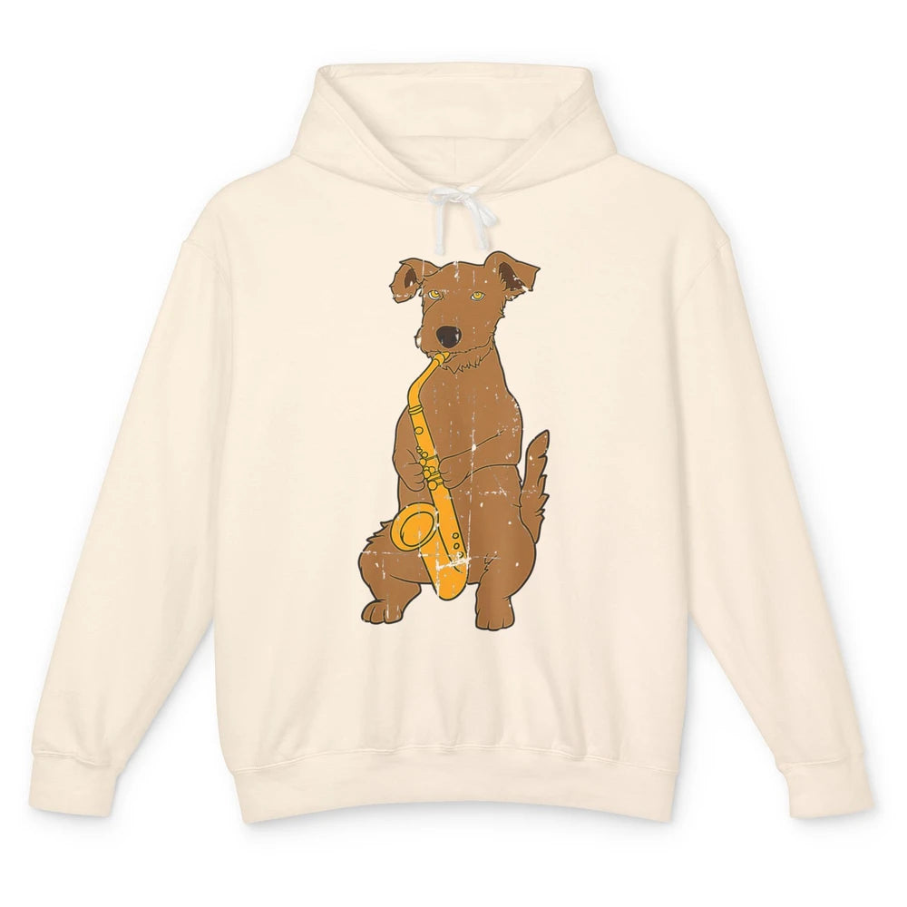 Funny Dog Vintage Jazz Puppy Musician Musical Note Saxophone Unisex Lightweight Hoodie