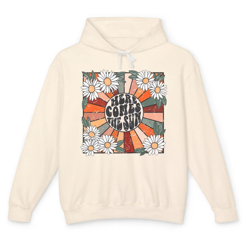 Retro Daisy Rainbow Sunrise Here Comes The Sun Hippie Girl Unisex Lightweight Hoodie