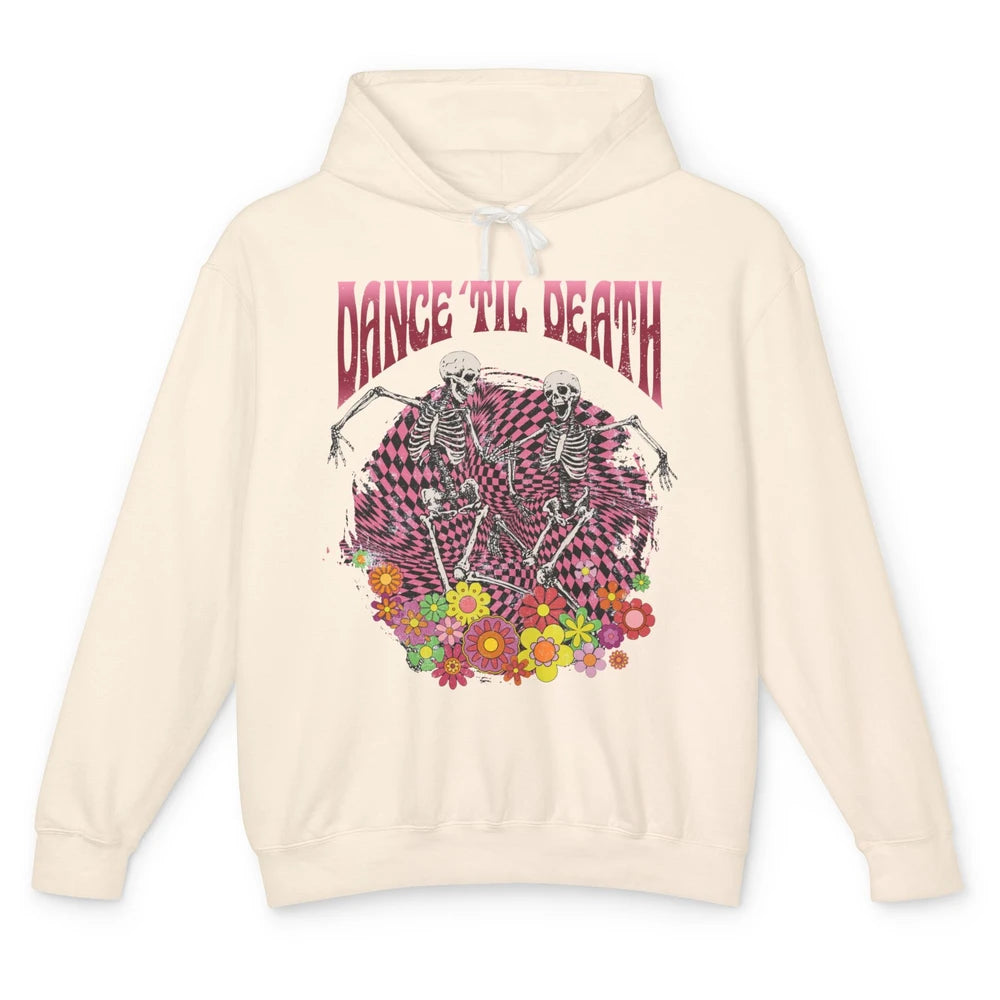Retro Dancing Skeletons Dance Til Death Groovy Daisy Floral Unisex Lightweight Hoodie