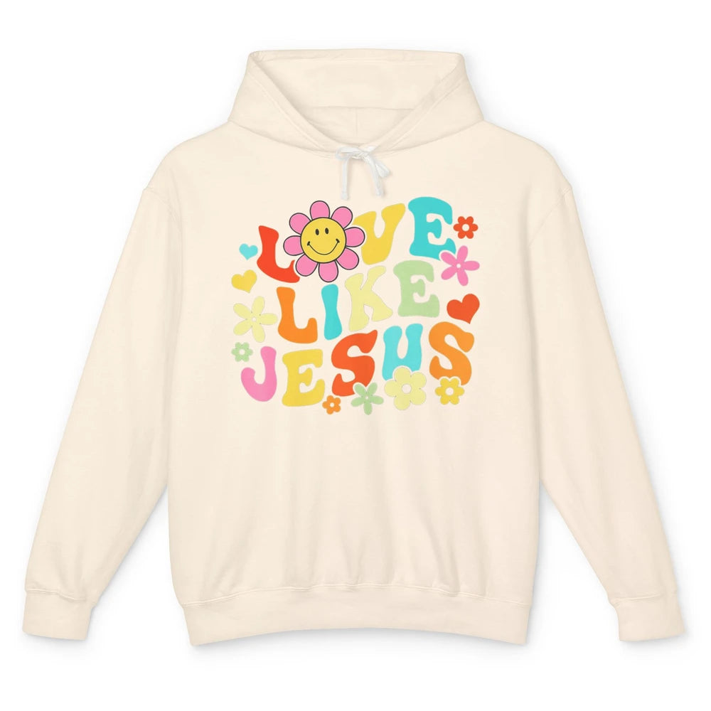Retro Groovy Love Like Jesus Smiling Face Daisy Boho God Unisex Lightweight Hoodie