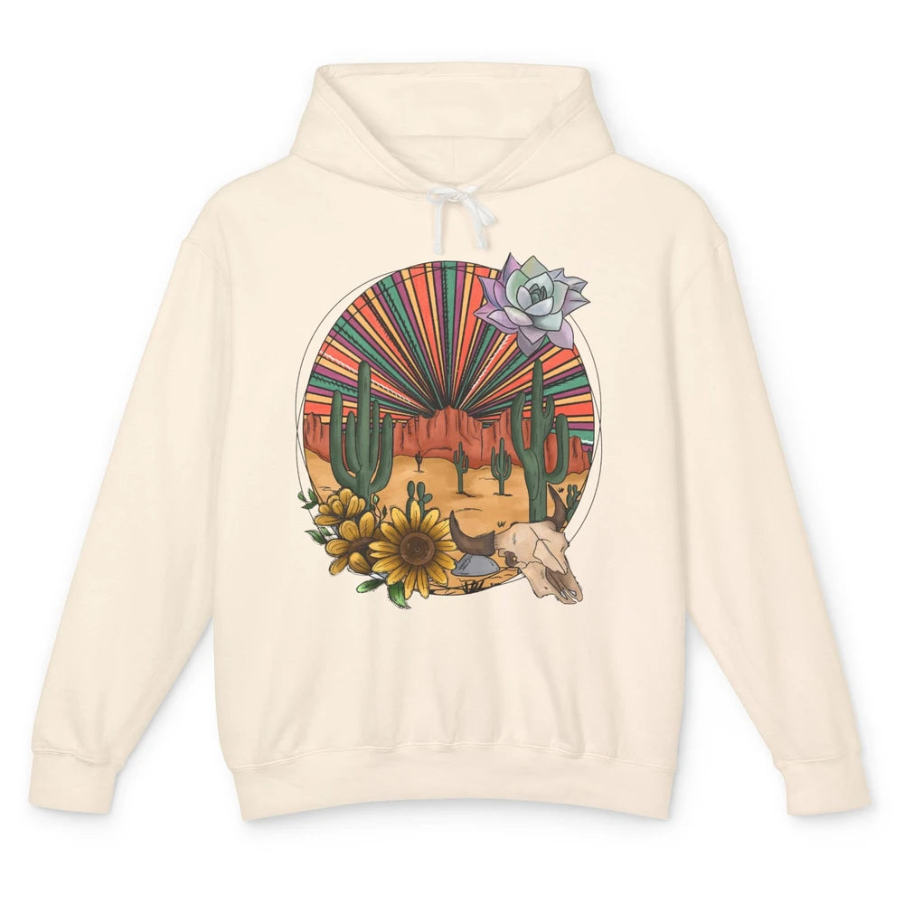 Retro Desert Western Cowboy Boho Skull Cactus Country Cowboy Unisex Lightweight Hoodie
