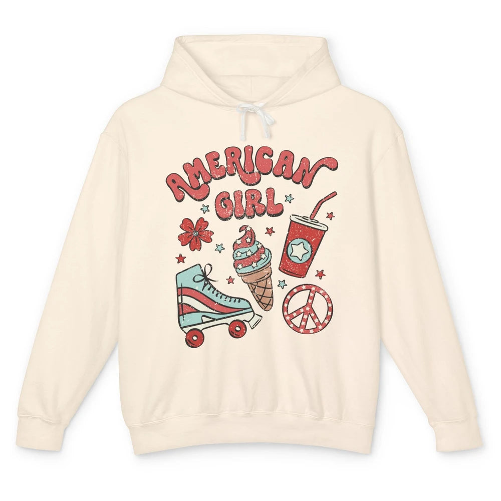 Retro American Girl Fourth Of July Party Ice Cream Patriotic Unisex Lightweight Hoodie