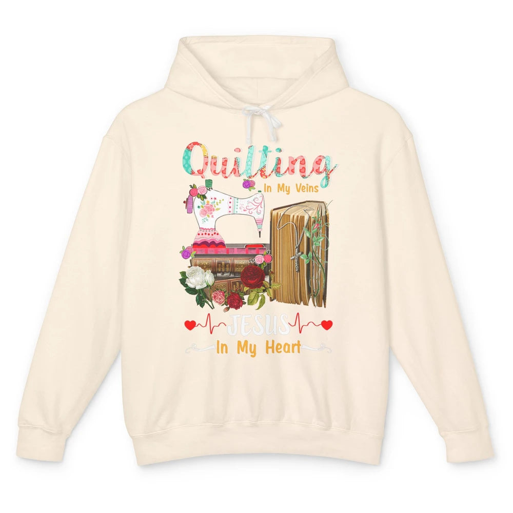 Quilting In My Veins Jesus In Heart Christian Retro Quilt Unisex Lightweight Hoodie