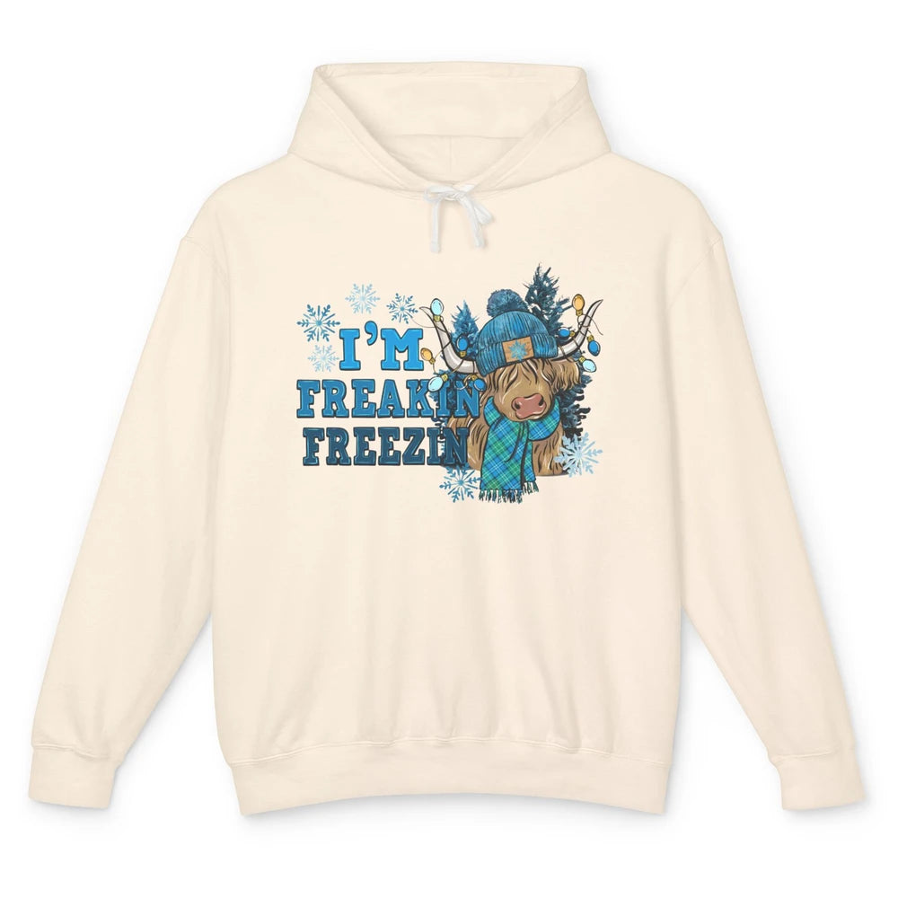 Funny Christmas Highland Cow I'm Freaking Freezing Western Unisex Lightweight Hoodie