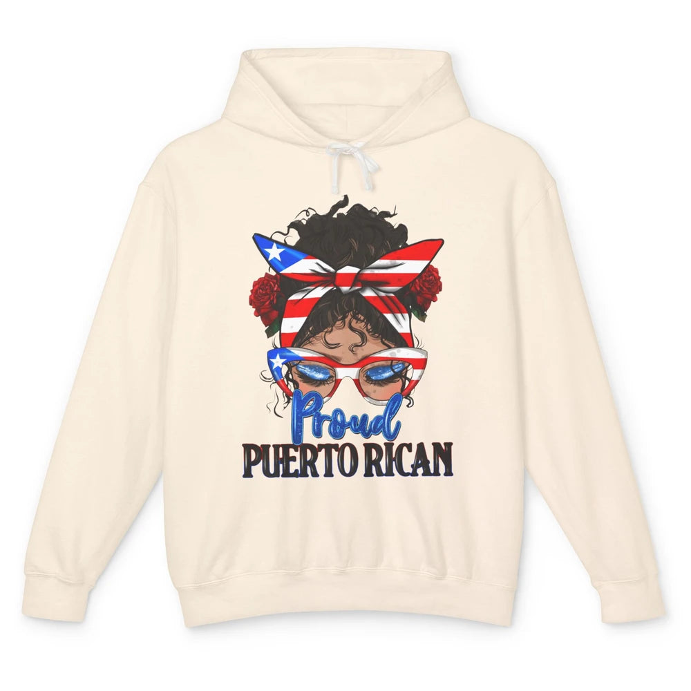 Proud Puerto Rican Girl Messy Bun Hair Puerto Rico Flag Unisex Lightweight Hoodie