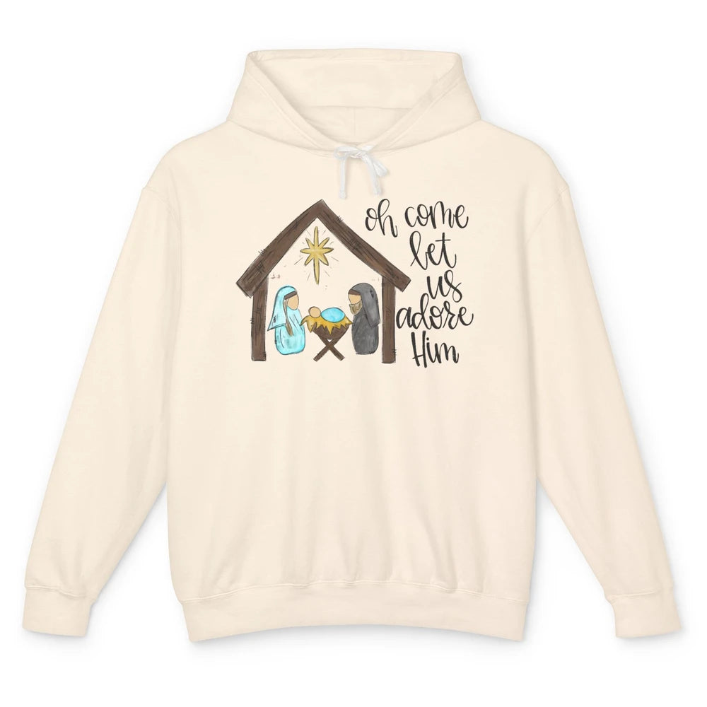 Retro Christmas Church Oh Come Let Us Adore Him Hand Drawing Unisex Lightweight Hoodie
