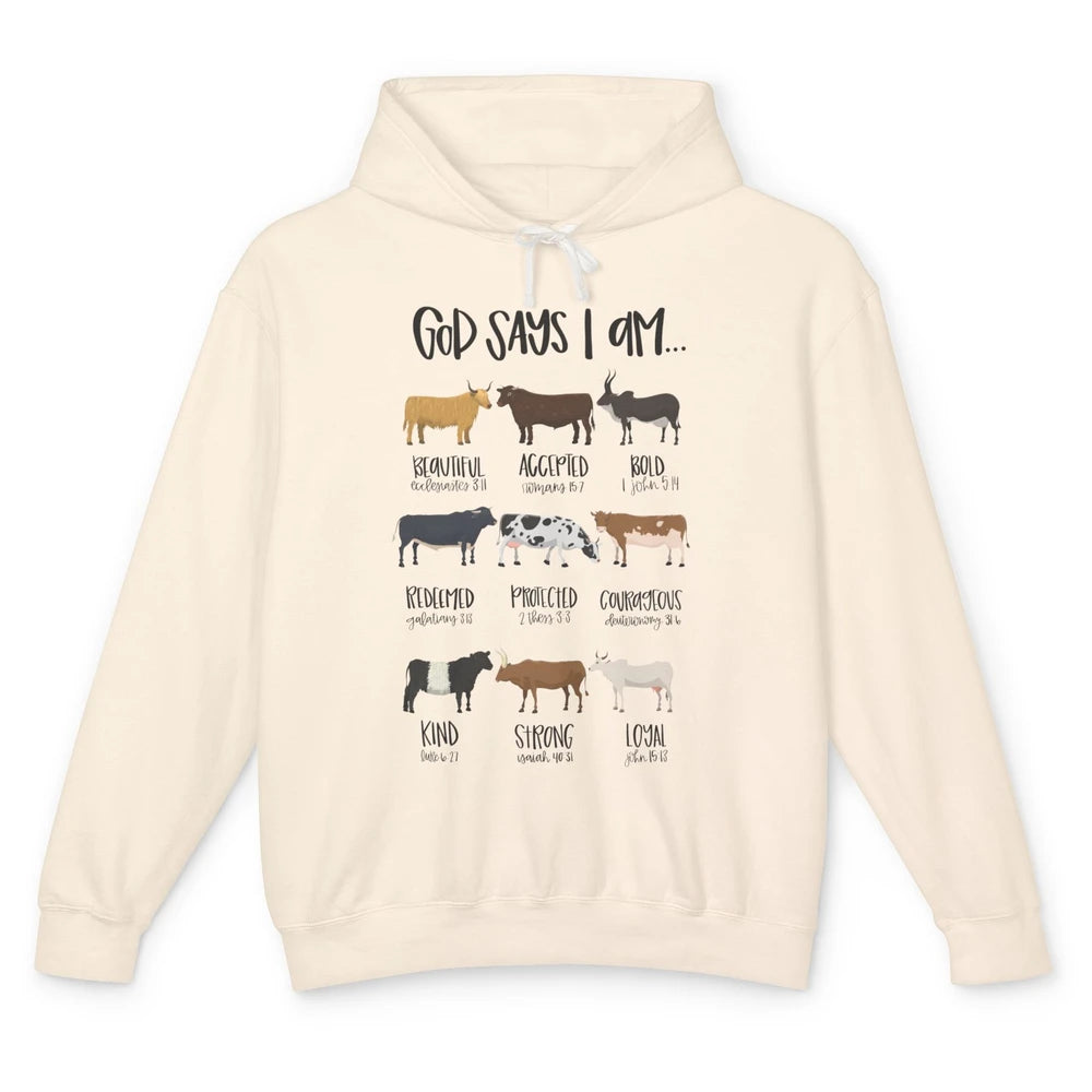 Retro Country Cows God Says I Am Bible Christian Western Unisex Lightweight Hoodie